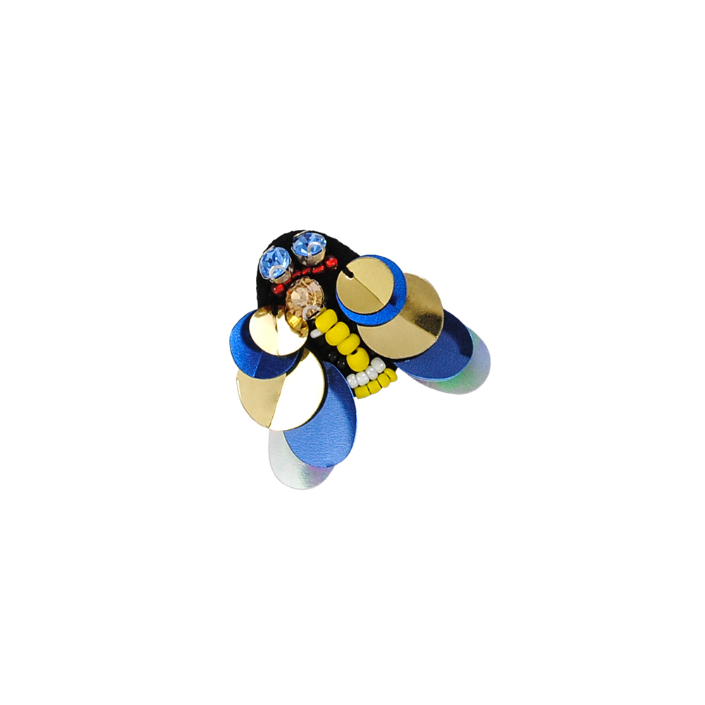 Аппликация пришивная пайетки Оса 4*4,5см синие-желтые пайетки, синие камни, желтый, белый, красный бисер, шт. Аппликации Пришивные Пайетки