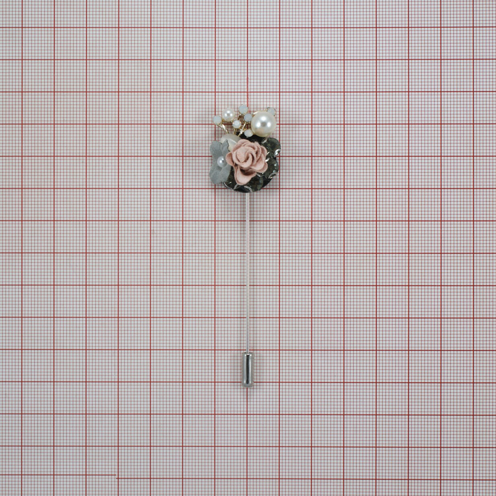 Булавка Роза, 8,5см, никель, серый, розовый, св. зелен. камни, белый жемчуг, шт. Булавки