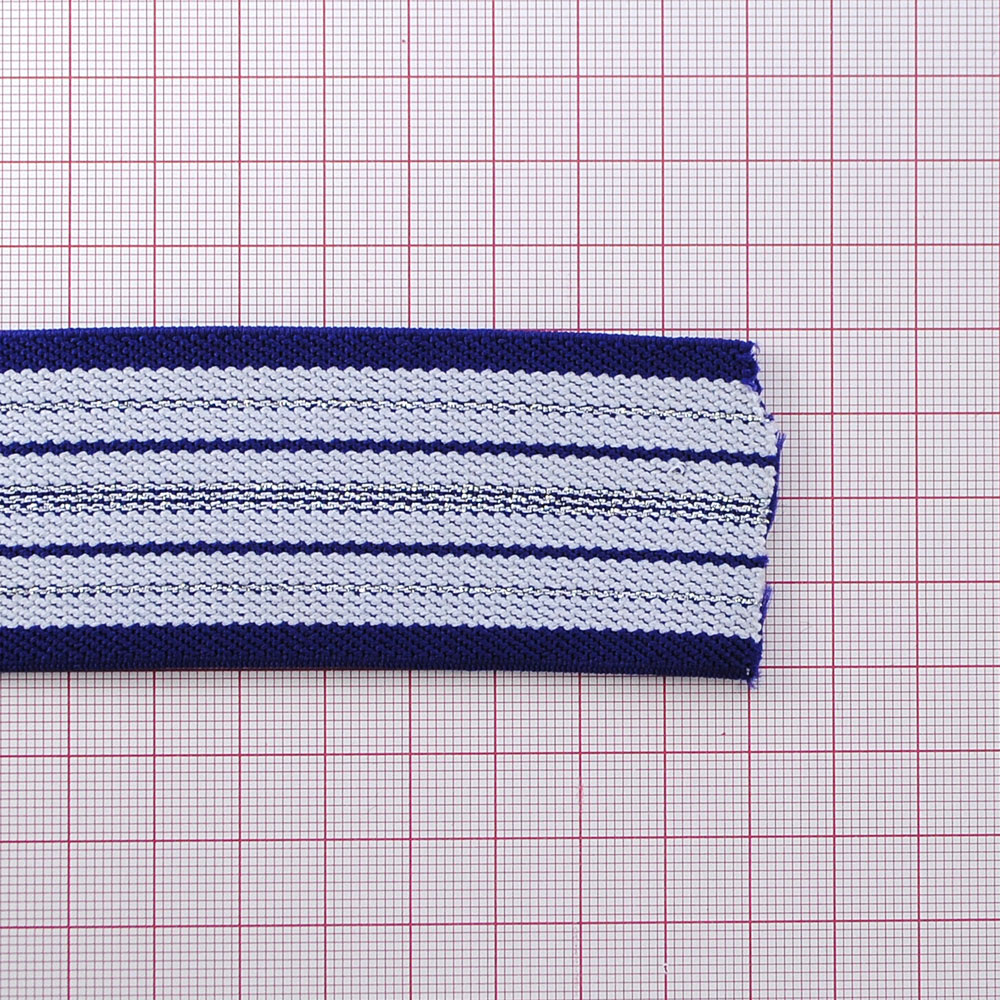 Резинка люрекс Полосы 4см, фиолетовый, белый, серебряный люрекс, 50ярд. Резинка