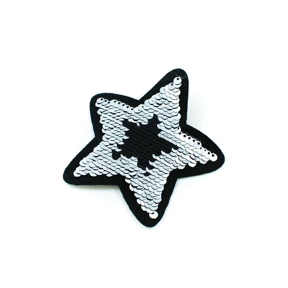 Аппликация пришивная пайетки двусторонние Звезда черный,серебро , 9*9см, шт. Аппликации Пришивные Пайетки