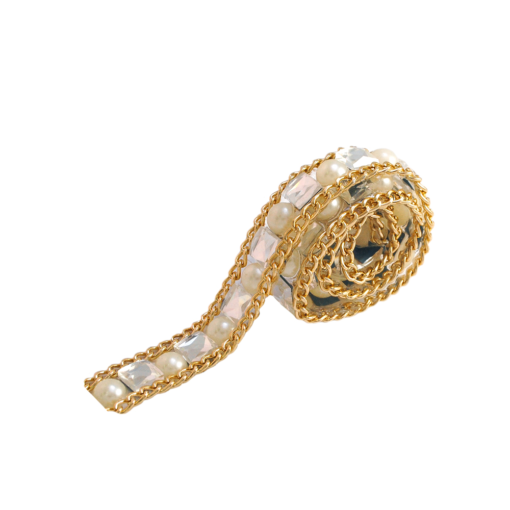 Тесьма стразы клеевые Ch01, белые квадратные камни 8мм, жемчуг, цепи GOLD, ярд. Тесьма из страз