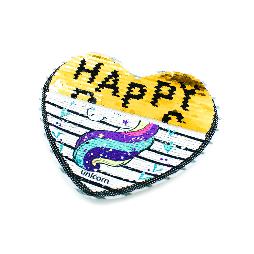Аппликация пришивная пайетки двусторонняя Сердце Единорог Радуга/Happy days 21*18см цветные пайетки, шт. Аппликации Пришивные Пайетки