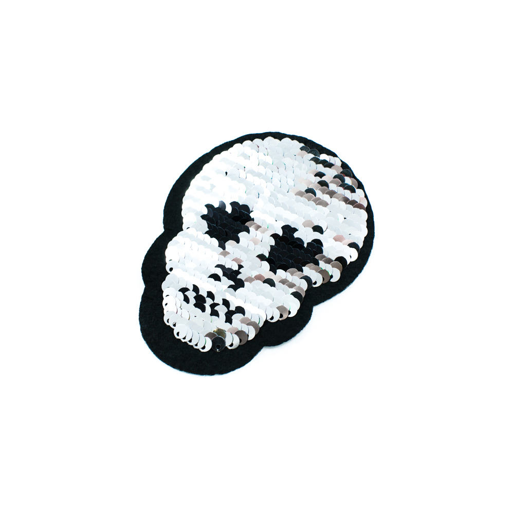 Аппликация клеевая пайетки двусторонняя "Череп Глянцевый" 8*10см разноцветные пайетки/ серебро + черные пайетки, шт. Аппликации клеевые Пайетки