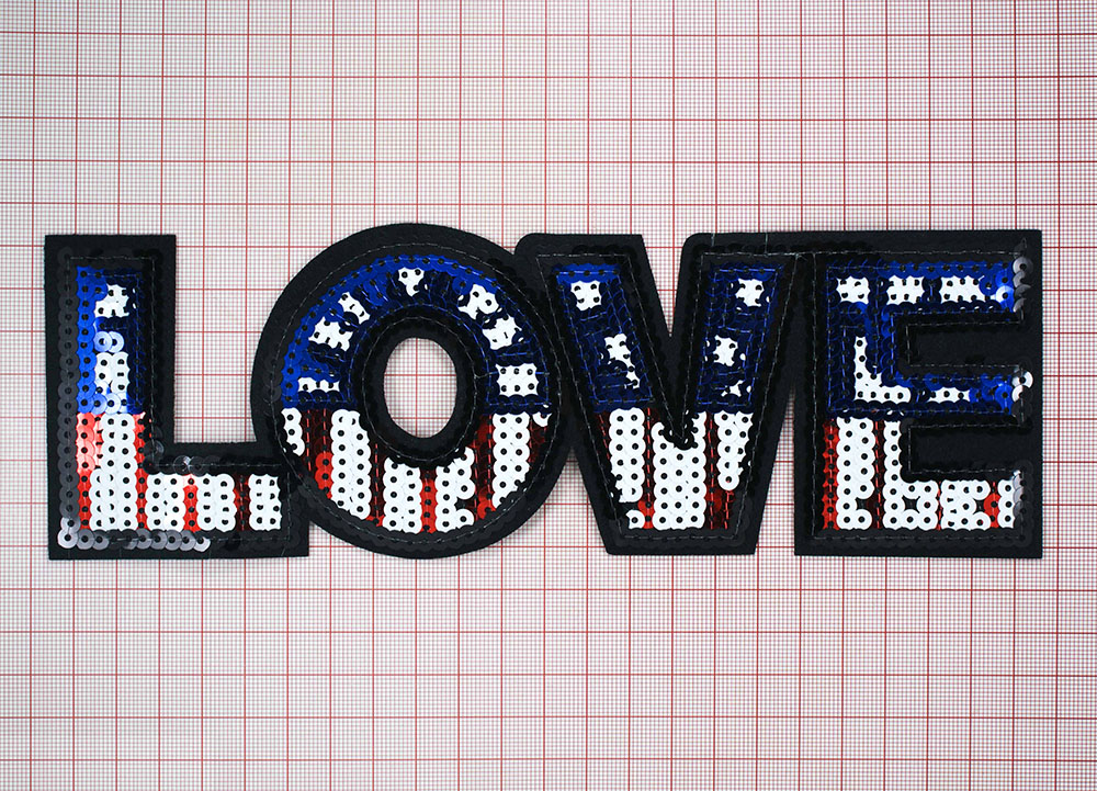 Аппликация клеевая пайетки LOVE 7,5*23см синий, белый, красный, шт. Аппликации клеевые Пайетки