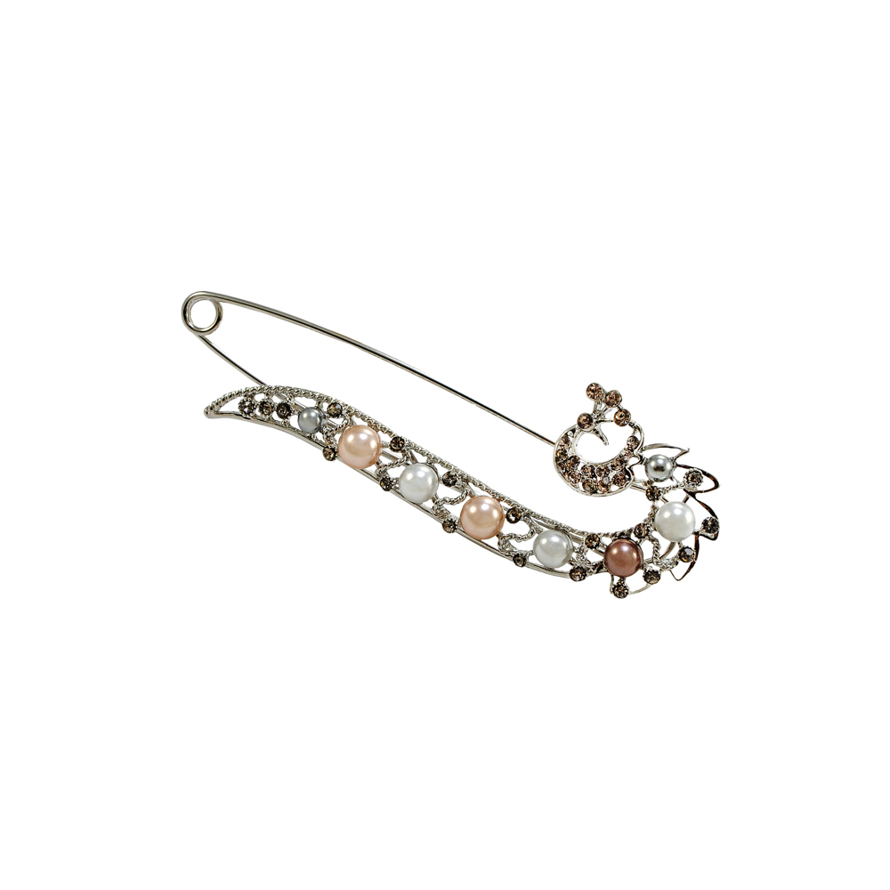 Булавка и бусины №2, никель 10,5*4см, серые камни, белый жемчуг, серый жемчуг, шт. Булавки