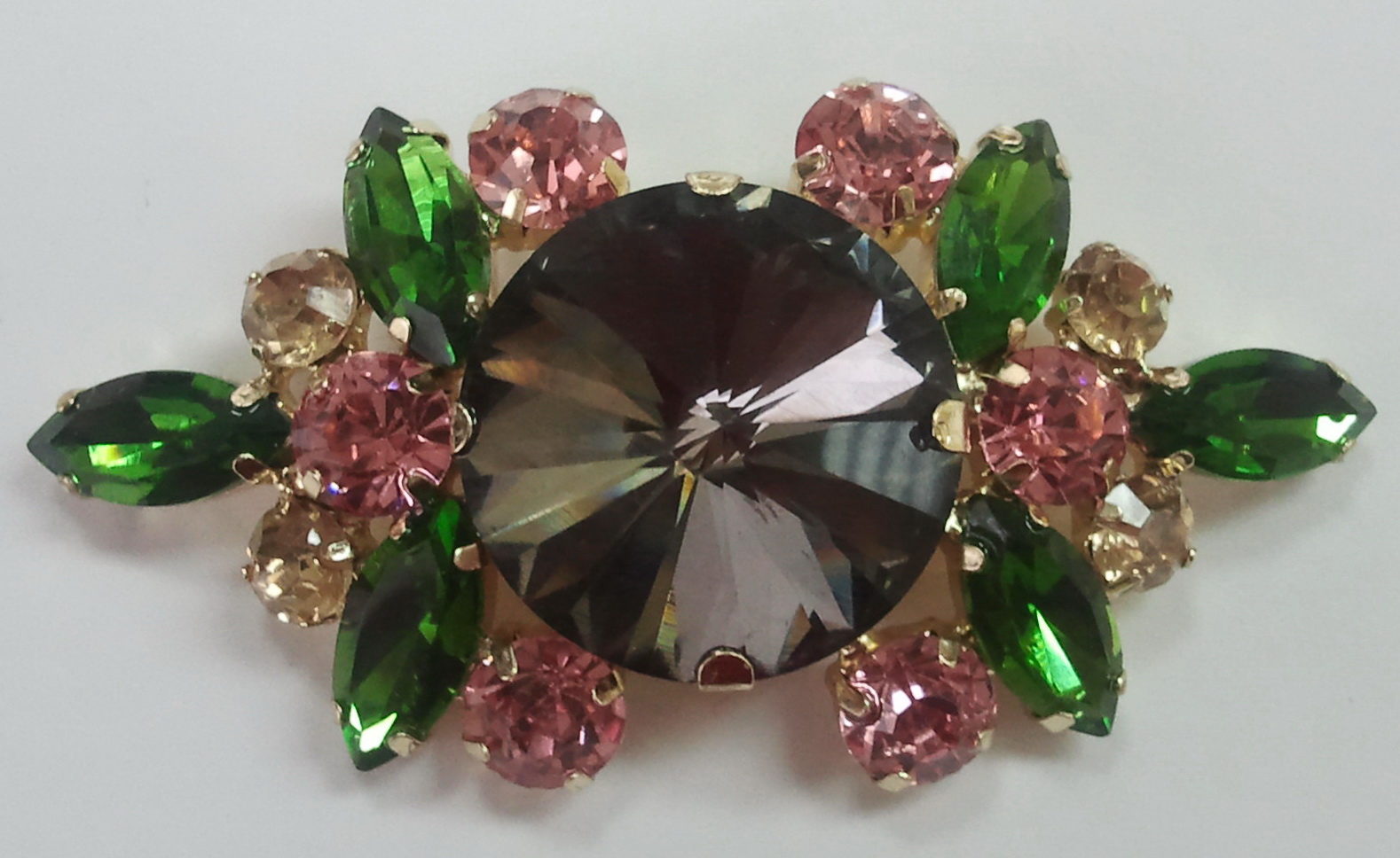 Краб металл Букет GOLD, зеленые глаза, розовый, топаз, bl. diamond центр /71*37мм. Крабы Металл Геометрия Декор