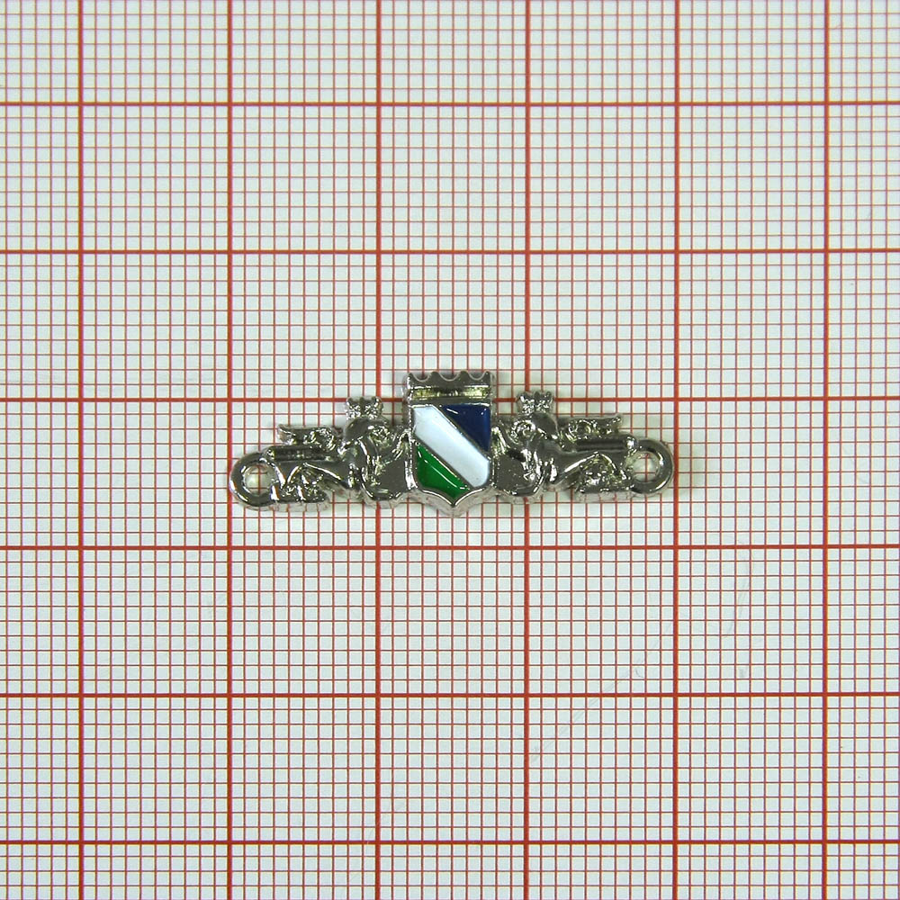 Лейба металл Львы, маленький герб 30*10мм пришивная NIKEL, синий, белый, зеленая эмаль. Лейба Металл