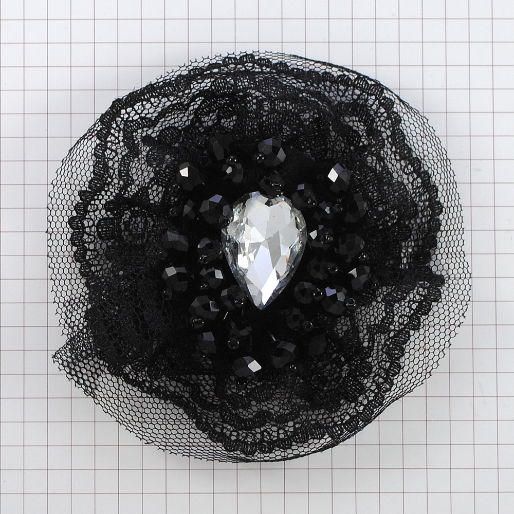 Аппликация декор черный бант на сетке, крупный белый камень Глаз. Аппликация Декор