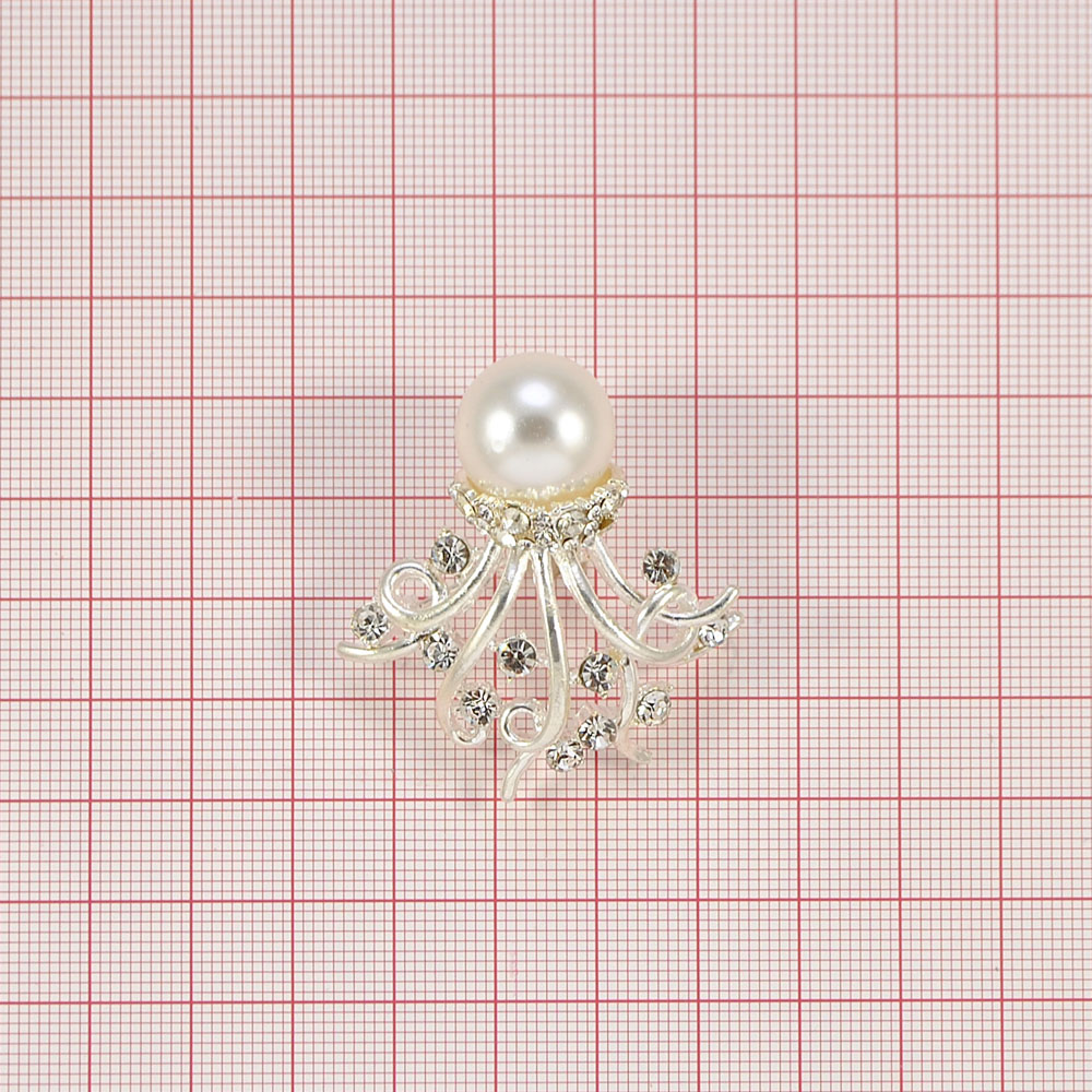 Брошь Медуза Жемчужина NIKEL, серый жемчуг, белые камни, шт . Броши