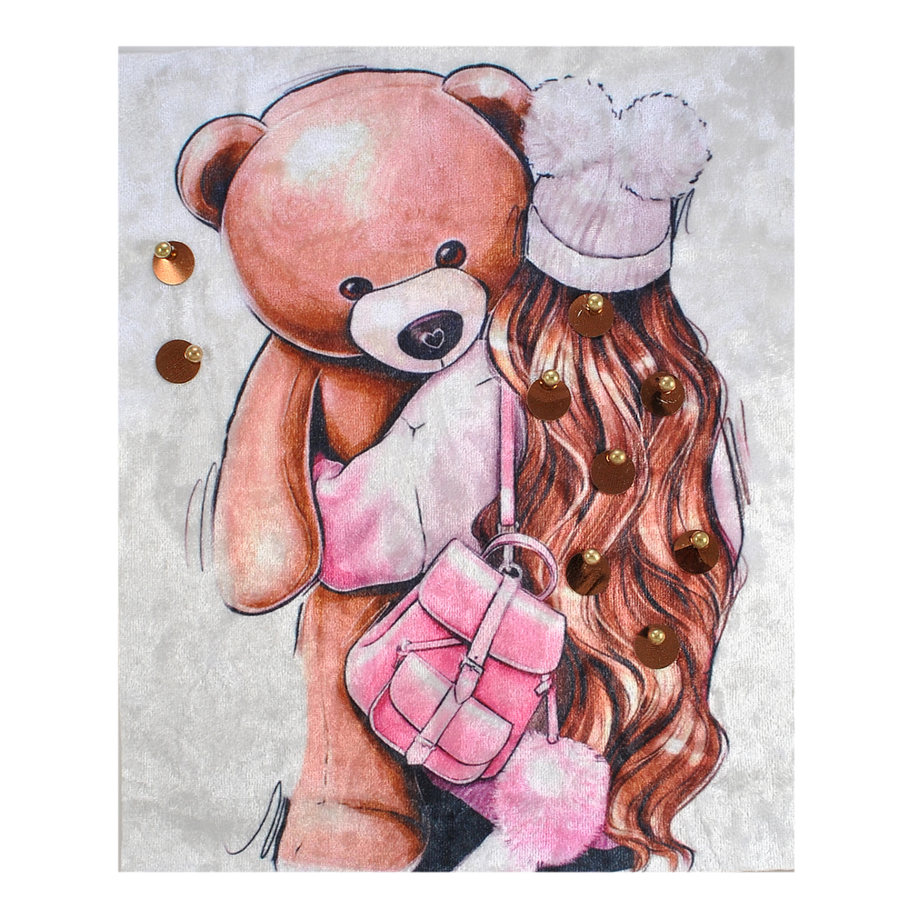 Аппликация тканевая пришивная с пайетками Девушка с медведем, 23*19 см, белый, черный, коричневый, розовый, шт. Аппликации Пришивные Ткань, Органза