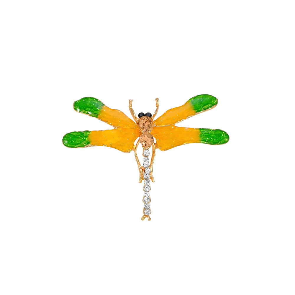 Брошь Стрекоза 6,2*4,5см золото, желтая и зеленая эмаль, белые и черные камни, большие светло-персиковые камни. Броши