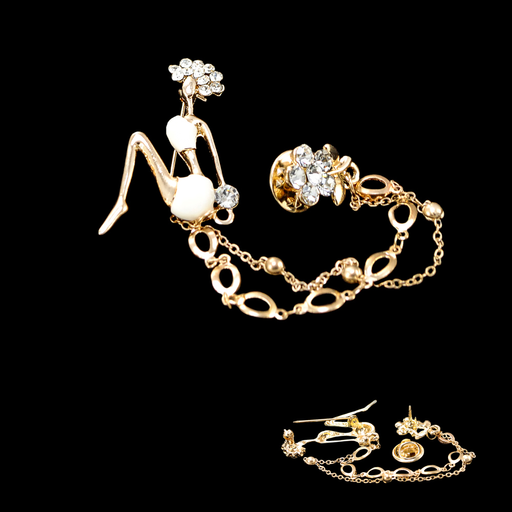 Брошь Африканка 40*90мм, GOLD, белые камни, белая эмаль, шт. Броши