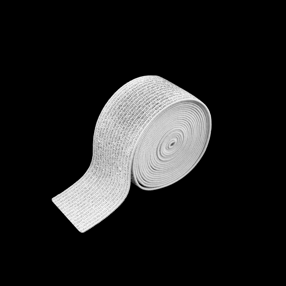 Резинка люрекс Полосы 2,5см, белый, серебряный люрекс, 50ярд. Резинка