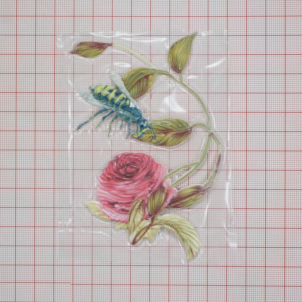 Термоаппликация резиновая 6080 Роза и Пчела 12*7,8см красный, желто-коричневый, шт. Термопереводки Цветы, Птицы