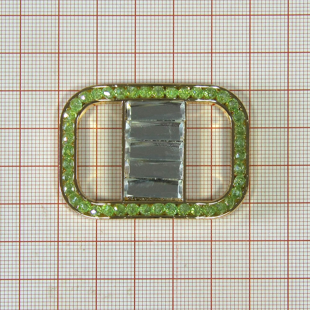 Украшение стеклянное перетяжка SH-009 прямоугольная GOLD, зеленая, белые камни. Перетяжка металл со стразами