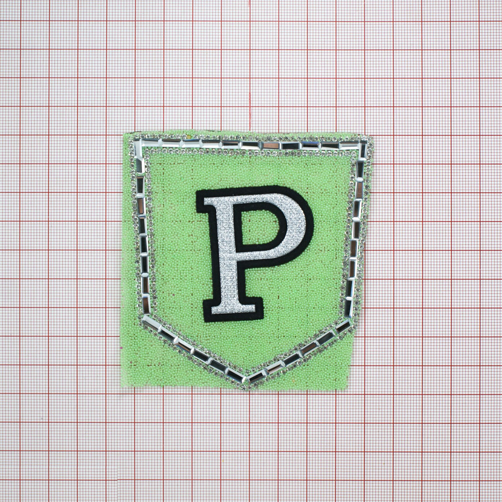 Аппликация клеевая стразы карман P светло-салатовый, серебро, черный замш, белые камни, 9*9см, шт. Аппликации клеевые Стразы комб.