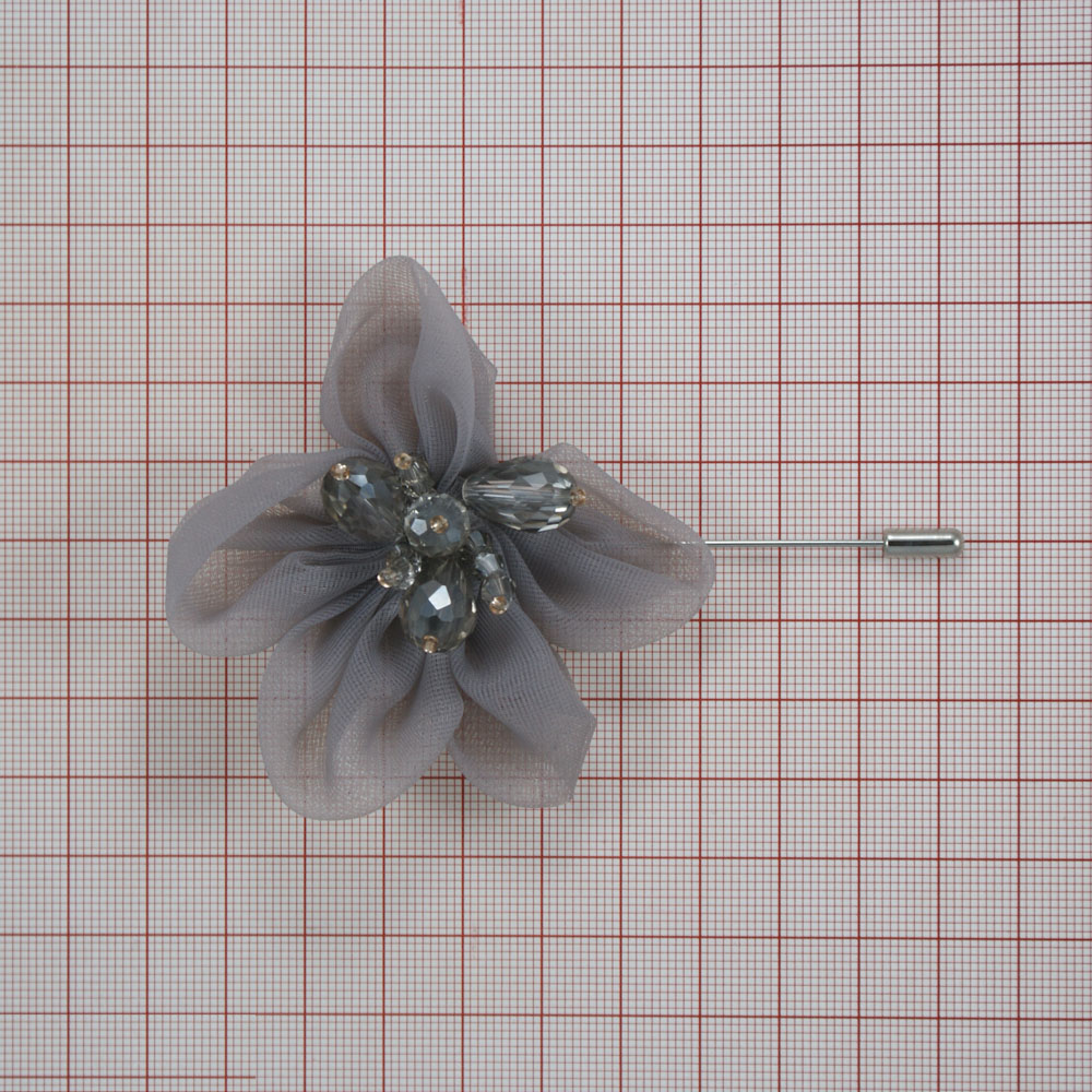 Булавка Цветок 5*9,5см никель, серый, серый бисер. Булавки