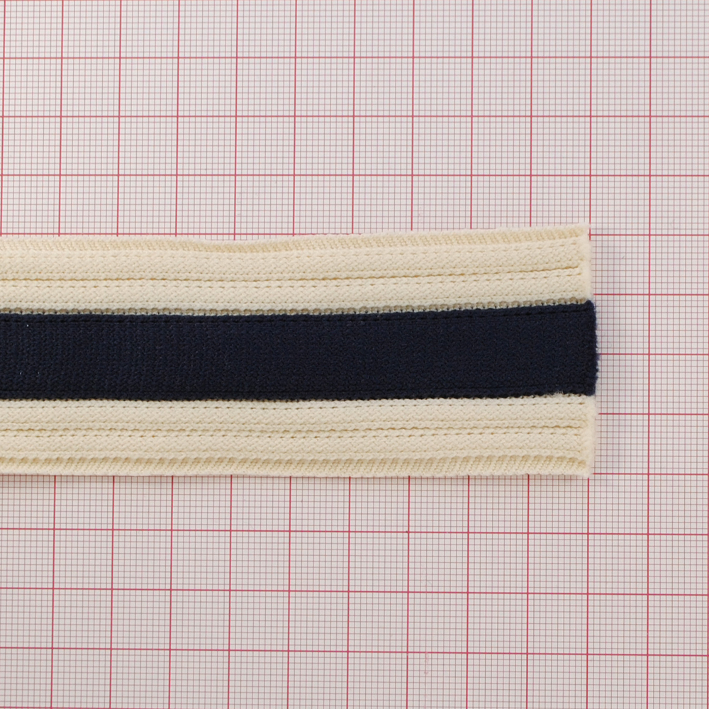 Тесьма лампасная 4см, бежевая и синяя полоса, ярд. Тесьма