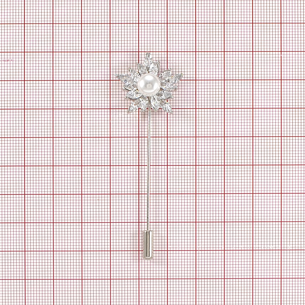 Булавка Цветок NIKEL, белый жемчуг, белые камни, шт . Булавки