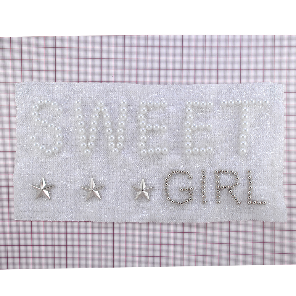 Аппликация тканевая пришивная с бусинами Sweet Girl, три звезды, 23,5*12см, белый, серебро, жемчуг, шт. Аппликации Пришивные Ткань, Органза