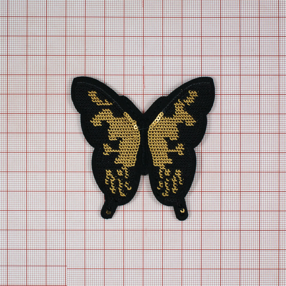 Аппликация клеевая пайетки Бабочка 7*7,5см черный, золотые и черные пайетки, шт. Аппликации клеевые Пайетки