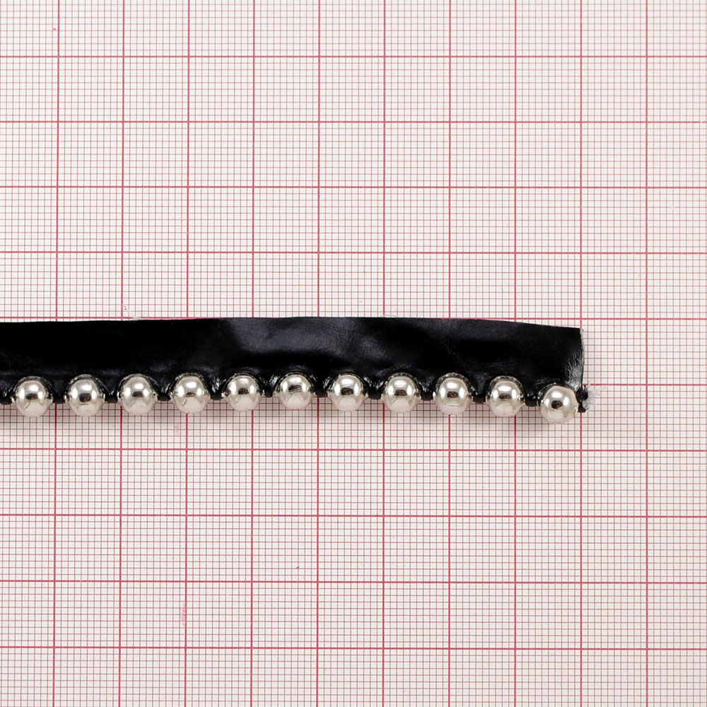 Тесьма кожзам с металлическими шариками 6мм, ширина 14 мм, черный кожзам и металл Nickel, ярд. Тесьма