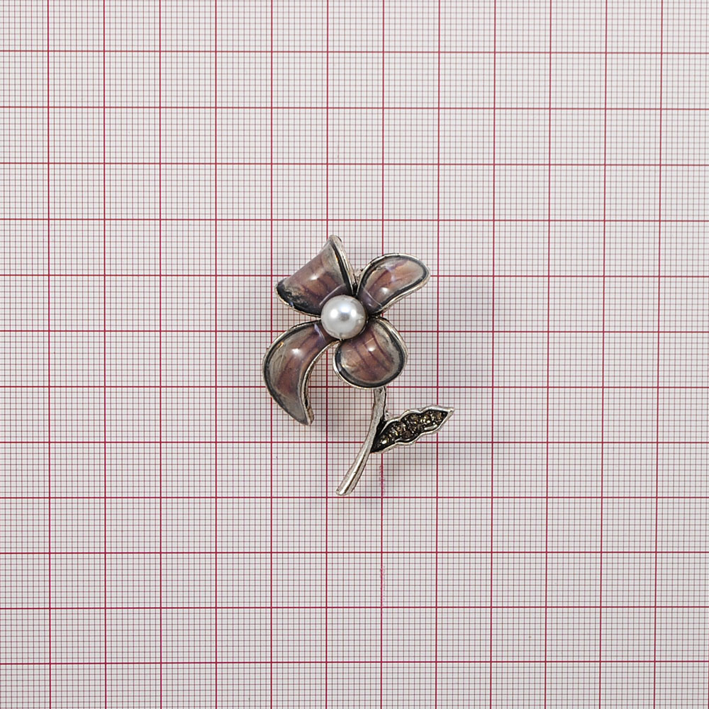 Брошь металлическая со стразами Цветок с жемчугом, old silver, black diamond, белый, шт. Броши