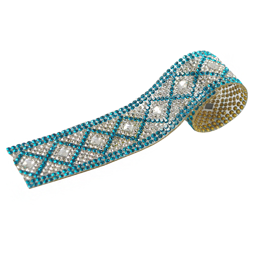 Тесьма стразы клеевая Ромбы, 2,7см, голубые и белые камни, ярд. Тесьма из страз