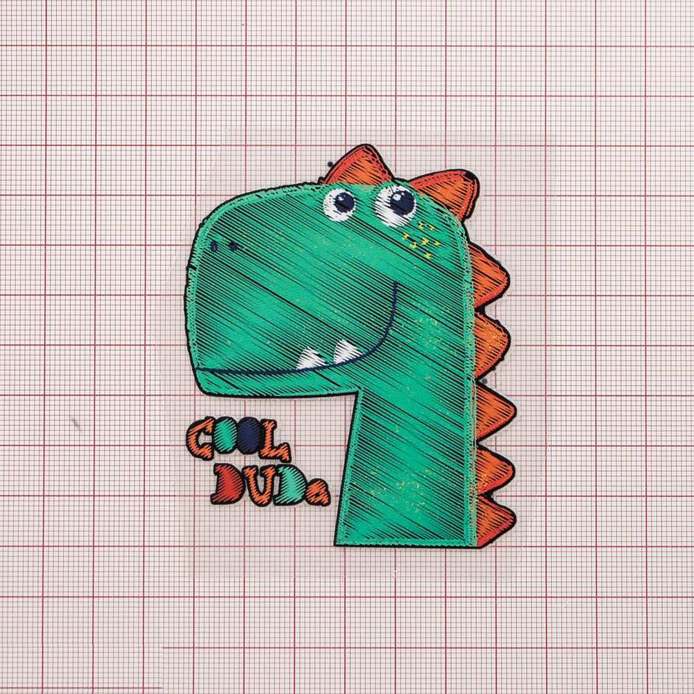 Термоаппликация Динозавр голова 8*6см, зеленый, оранжевый, белый, шт. Термоаппликации Накатанный рисунок