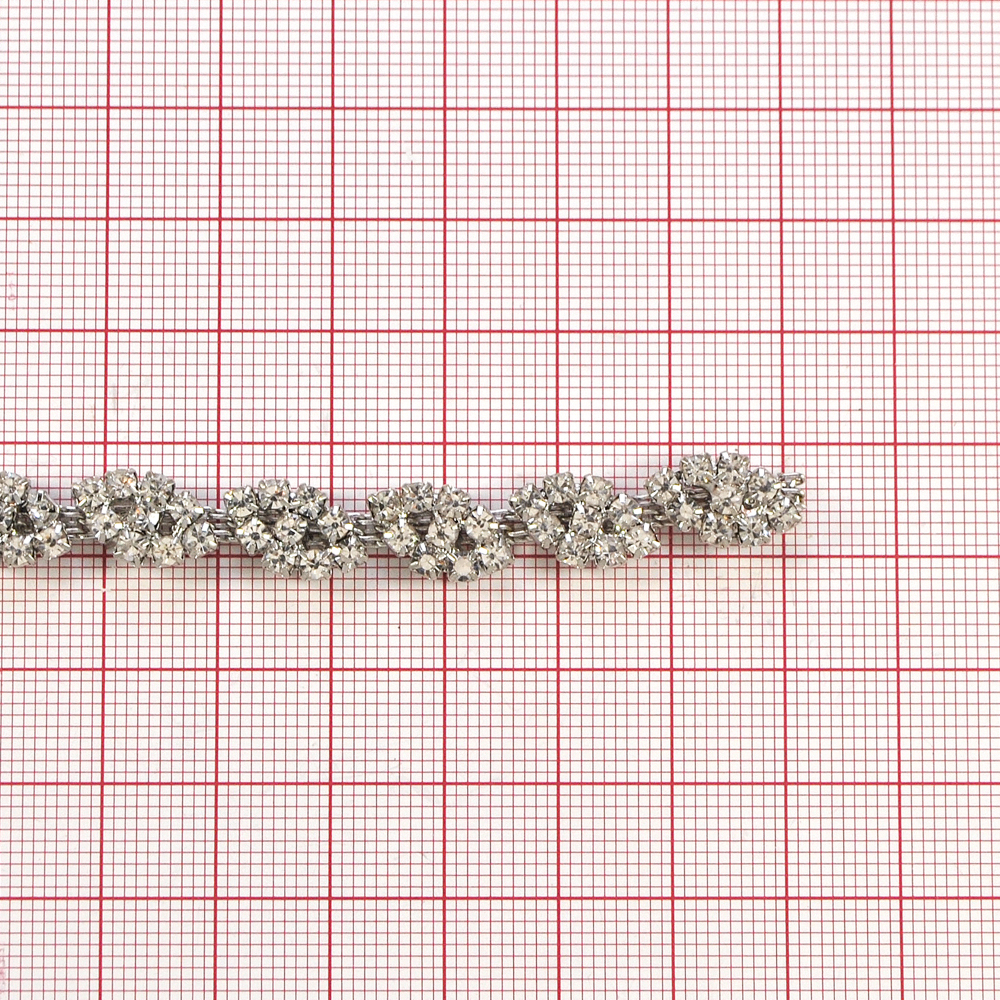 Тесьма стразы Цветочная дорожка, никель, белый, ярд. Тесьма из страз