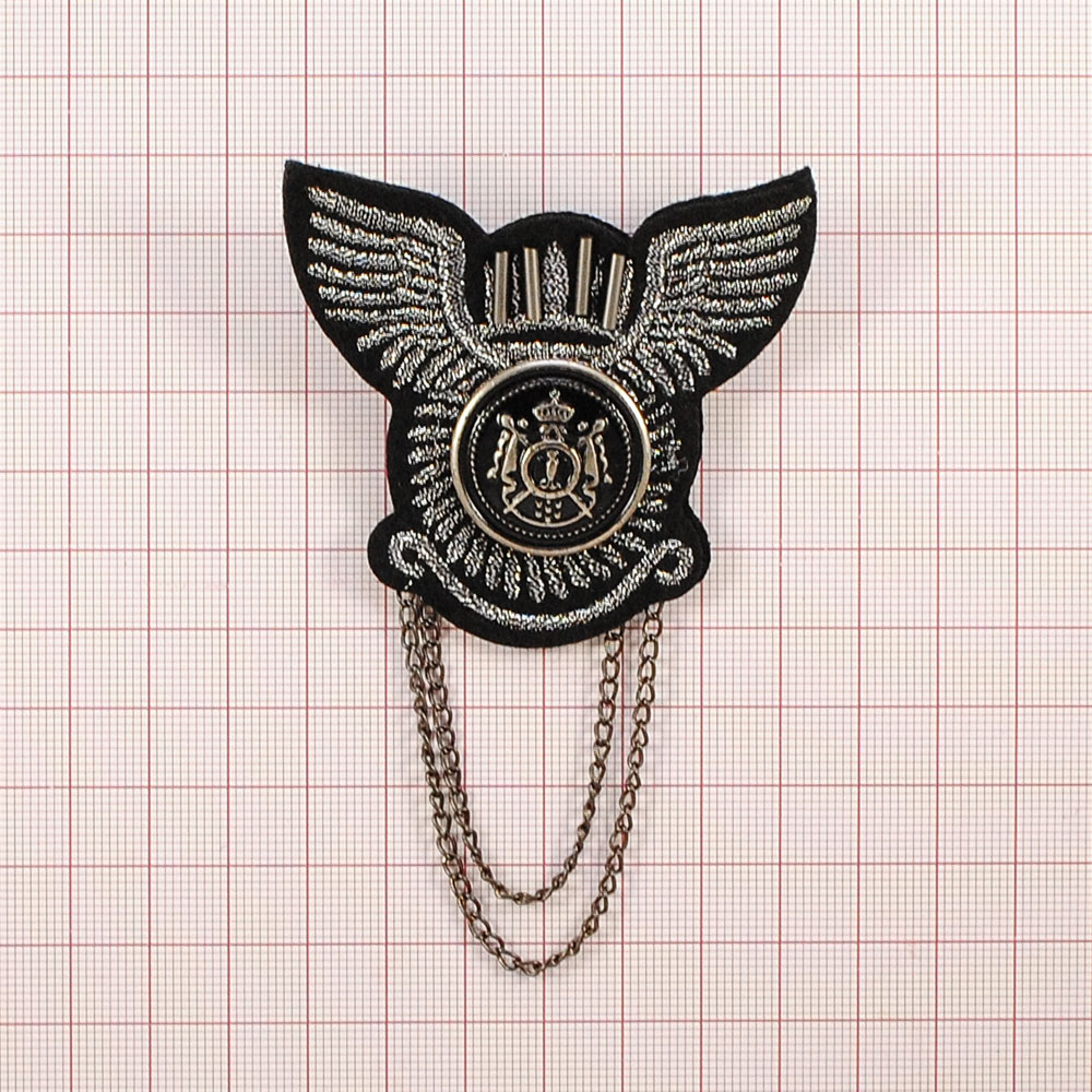 Брошь № 60 Колесо и крылья черная, люрекс серебро, цепи NIKEL, шт . Броши