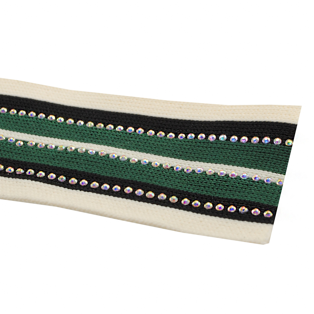 Тесьма лампасная со стразами, 5см, зеленый, белый, черный, ярд. Тесьма