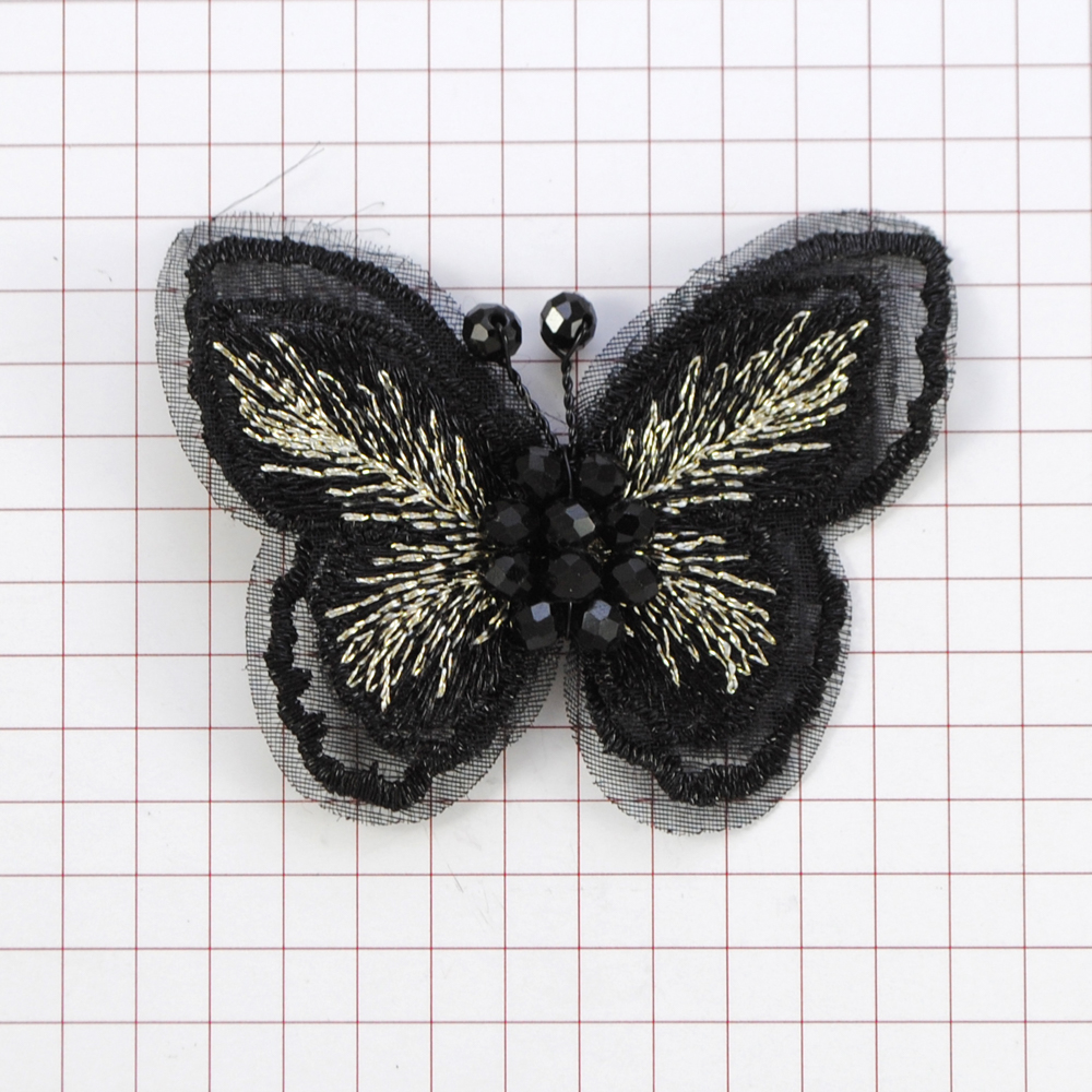 Аппл. выш. бабочка с бисером, 4*5,5см, черн., зол.люрекс, шт.. Аппликации Пришивные Кружевные Вязаные
