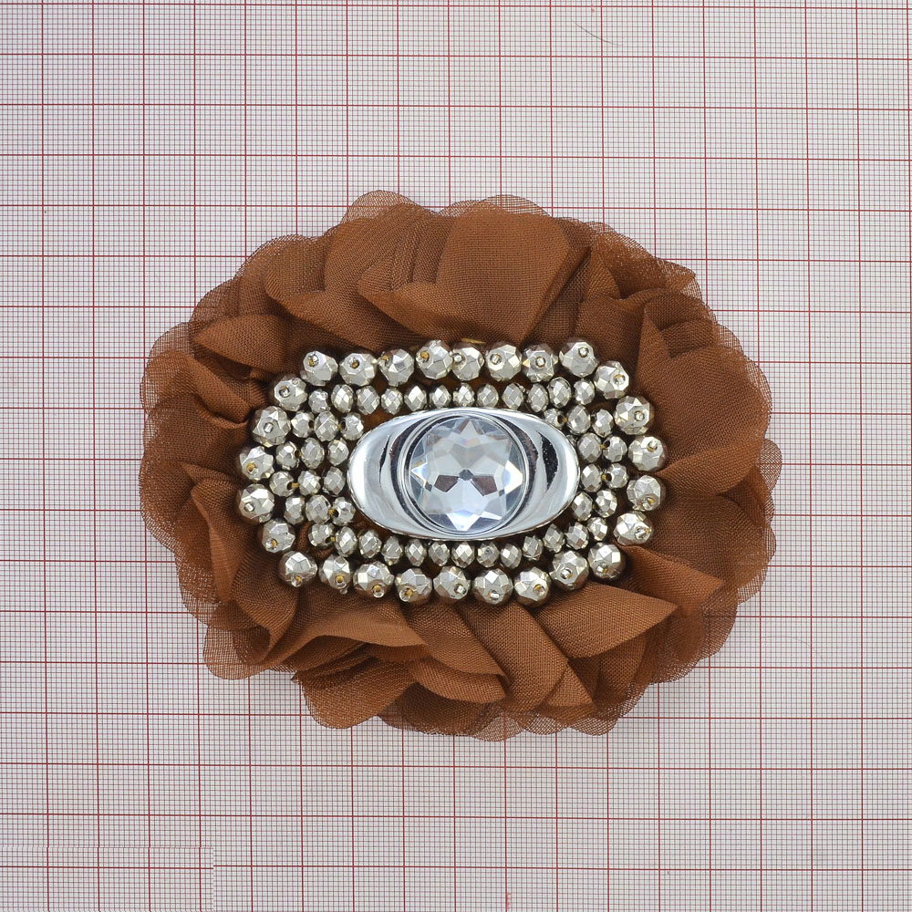Аппликация декор Пион, овал-бусины серебро коричнев.. Аппликация Декор