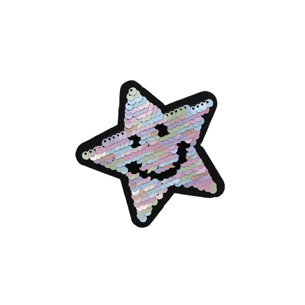 Аппликация пришивная пайетки двусторонняя Звезда Улыбка цветная матовая радуга, черные/серебро , 9*9см, шт. Аппликации Пришивные Пайетки