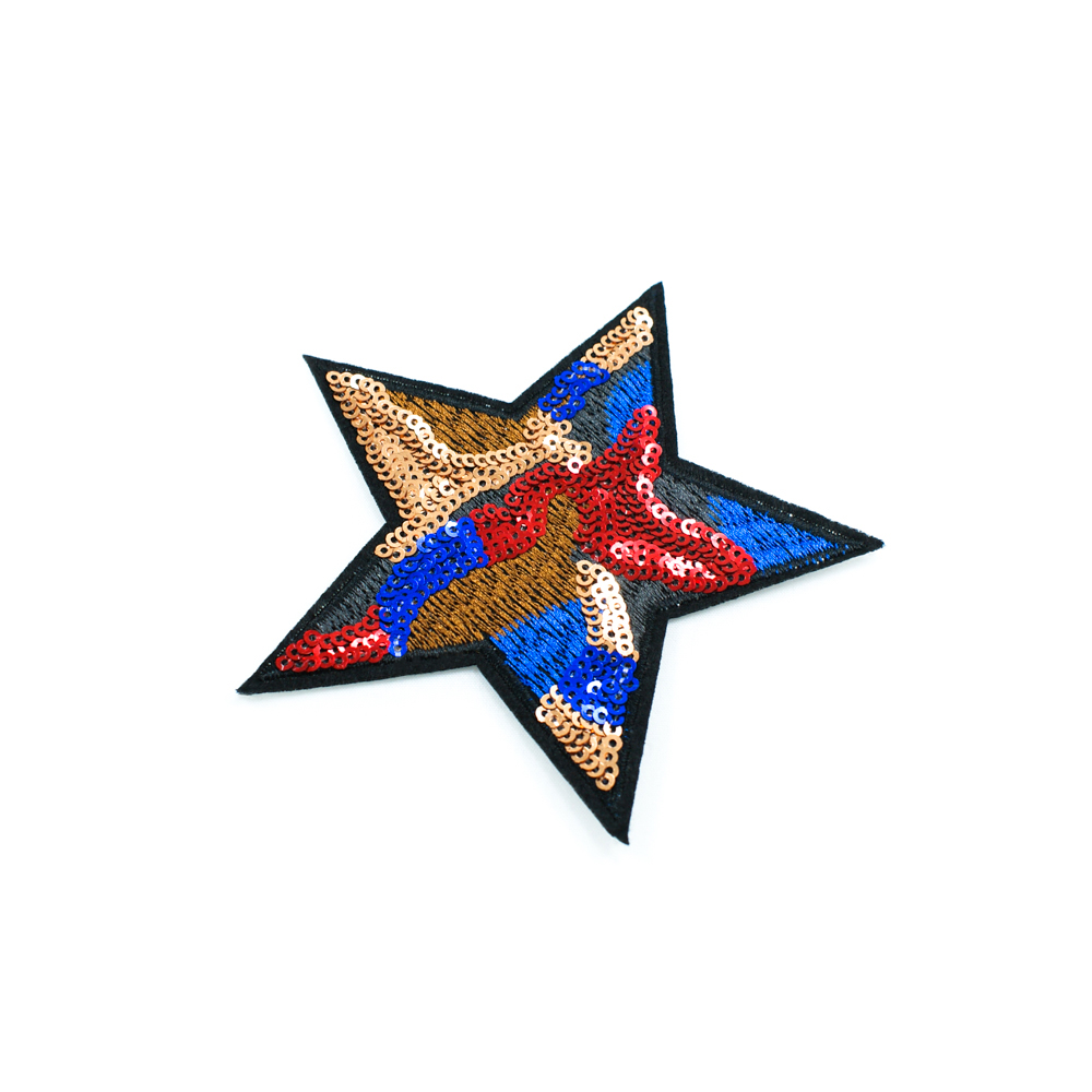 Аппликация пришивная пайетки Звезда 11*11см синий, коричневый, черный, темно-серые нити, красные, синие, золотые пайетки, шт. Аппликации Пришивные Пайетки