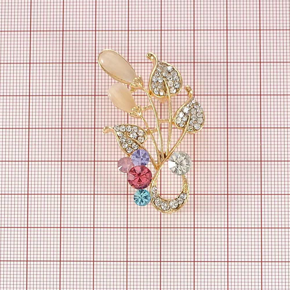 Брошь Букет золото, белые, голубые, сиреневые, фиолетовые и красные камни, шт. Броши