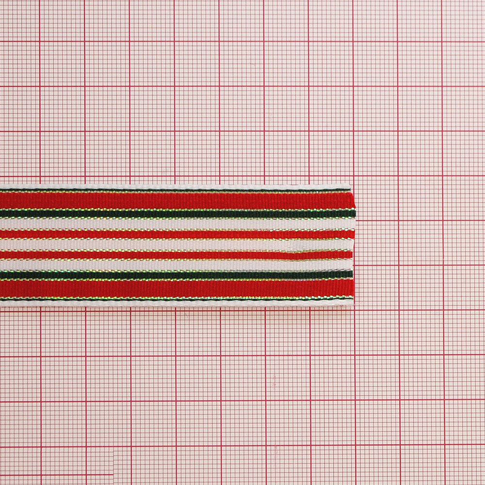 Тесьма Полосы, 2,8см, красный, белый, зеленый, люрекс серебро с зеленым отливом, 50ярд. Тесьма
