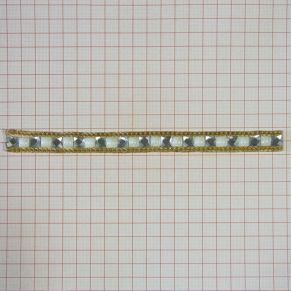 Тесьма стразы клеевые Плитка 14мм цепь GOLD, камни квадрат жемчуг, зеркальные 5мм, ярд. Тесьма из страз