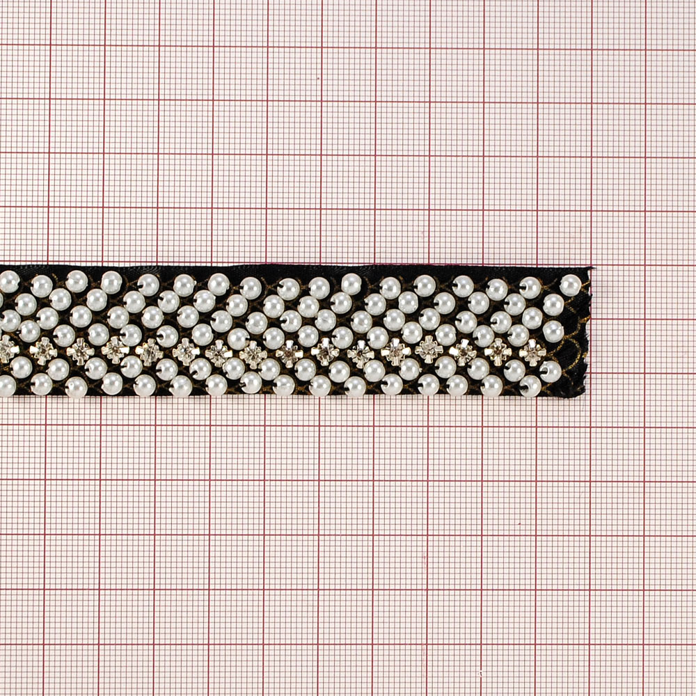 Тесьма с жемчугом Млечный путь, 2,5см, черный, жемчуг, ярд. Тесьма