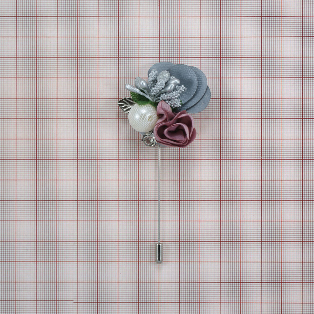 Булавка Шляпка 4*9см никель, серо-синий, темно-лиловый, белый жемчуг и белые камни. Булавки