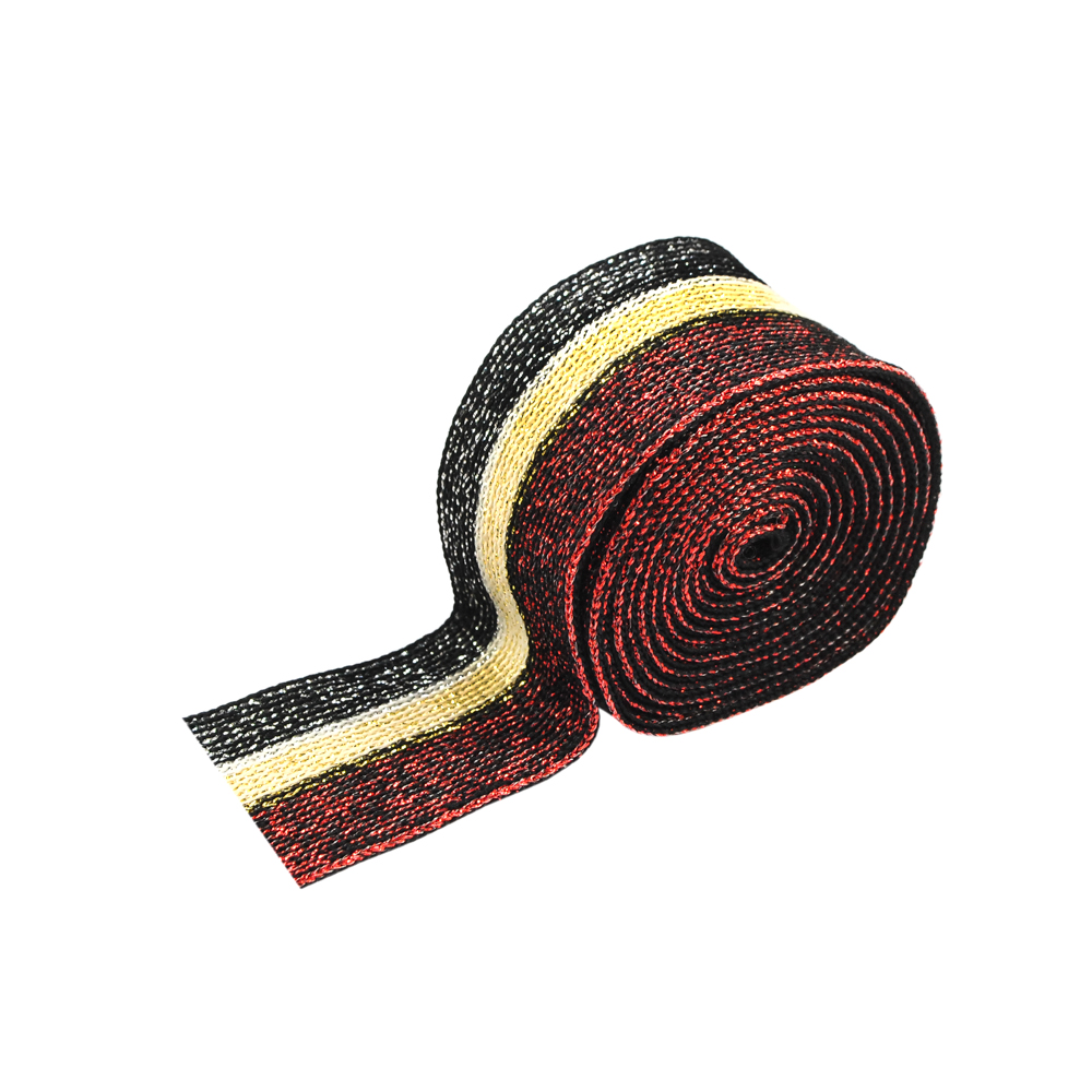 Тесьма лампасная Полоски, 3,5см, серебряный и красный люрекс, бежевый, ярд. Тесьма