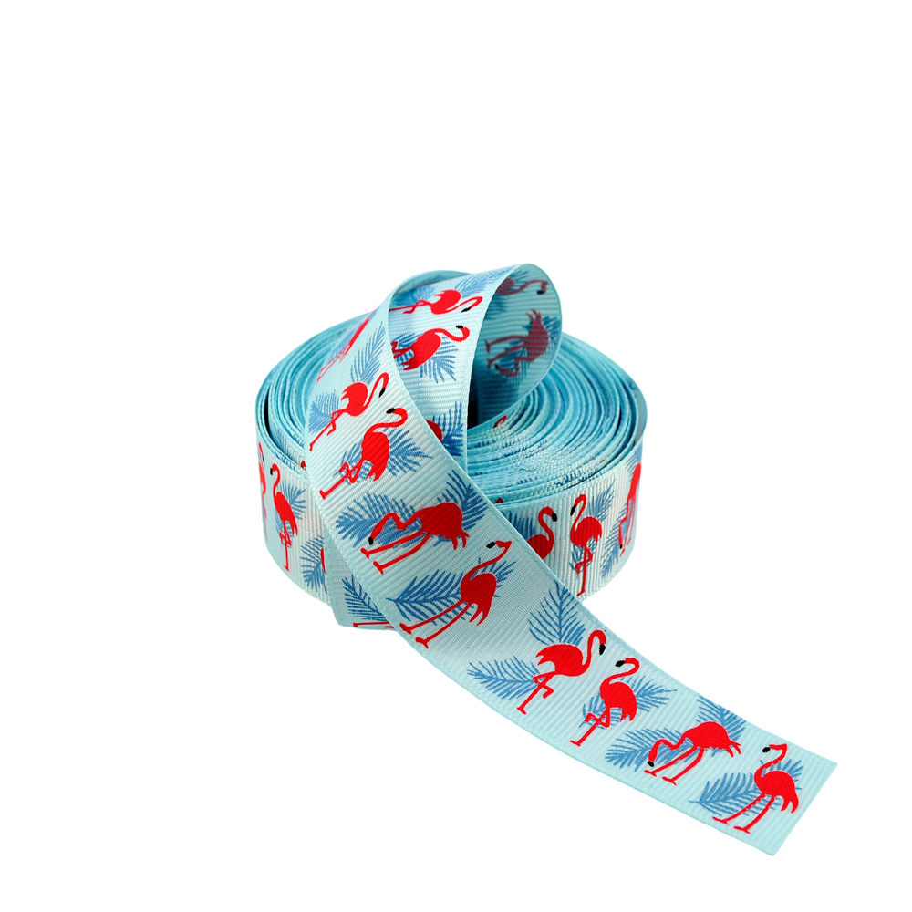 Тесьма Фламинго 2,5см, сине-голубая и красный лого, ярд. Тесьма