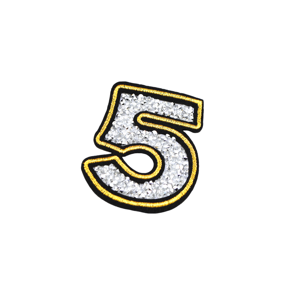 Аппликация клеевая стразы Цифра 5 - 8*6,5см черный, желтый, камни белые, шт. Аппликации клеевые Стразы комб.