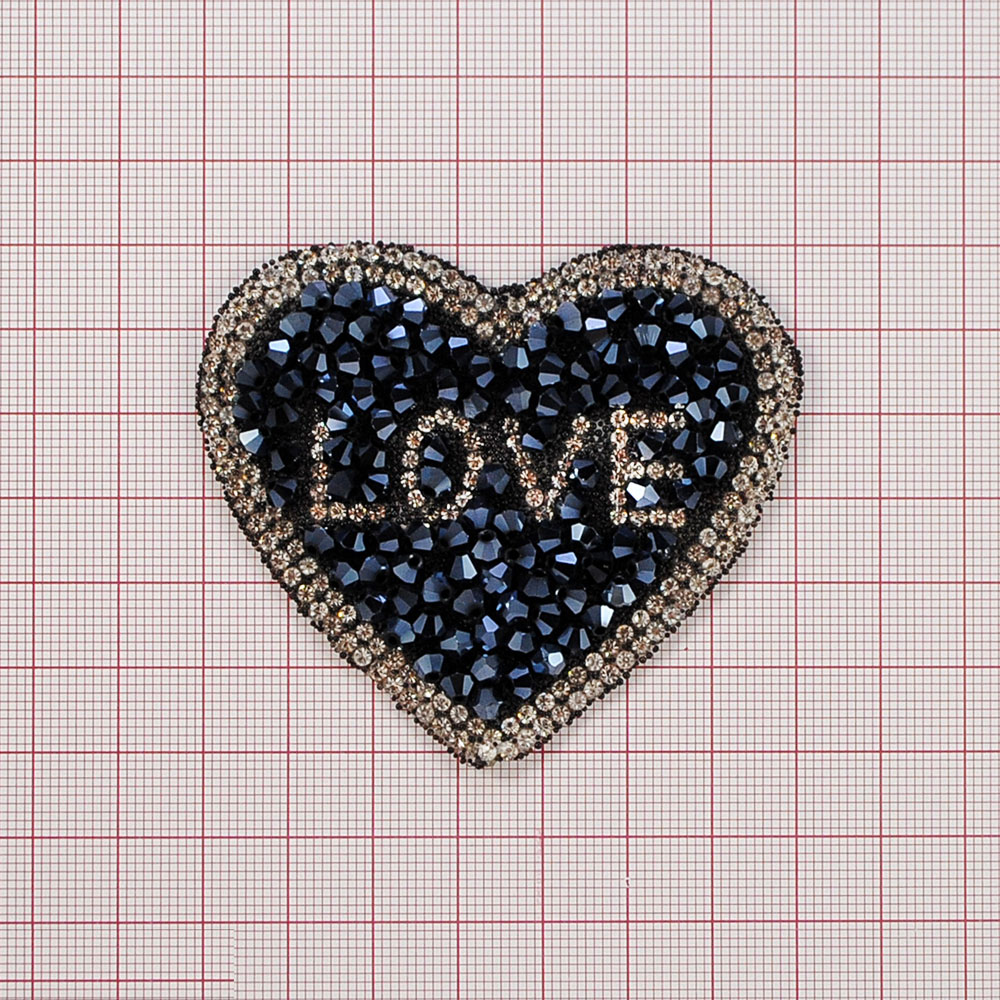 Аппликация клеевая стразы Сердце LOVE 6,5*7см, синий, белый, шт. Аппликации клеевые Стразы комб.
