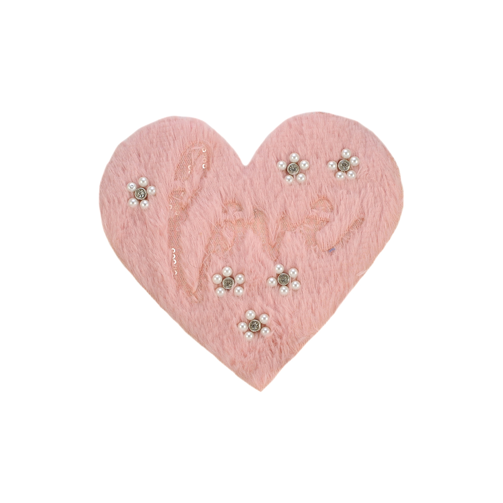 Аппликация клеевая мех со стразами, Сердце Love, 17*18см, розовый, жемчуг, шт. Аппликации клеевые Ткань, Кружево
