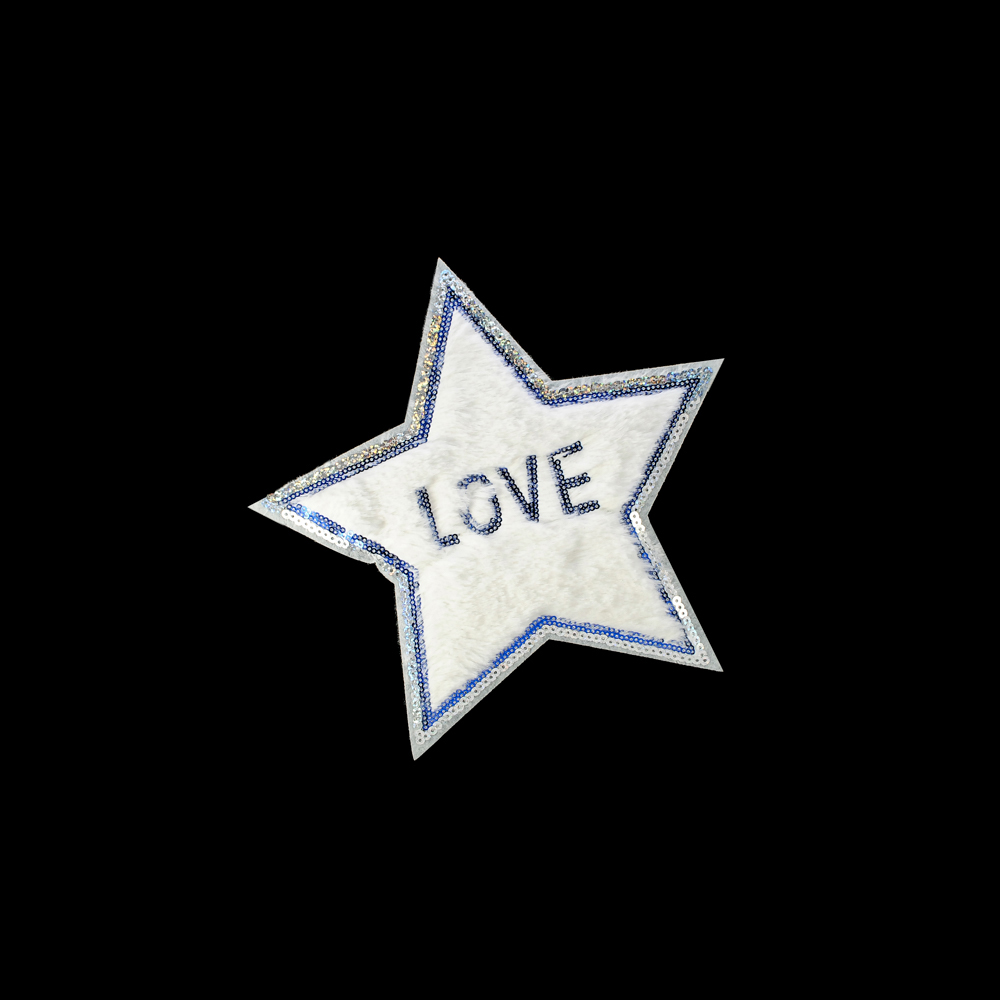 Аппликация пришивная пайетки и мех Звезда LOVE 22,5*22,5см белая, синий, белый мех, шт. Аппликации Пришивные Мех Флок