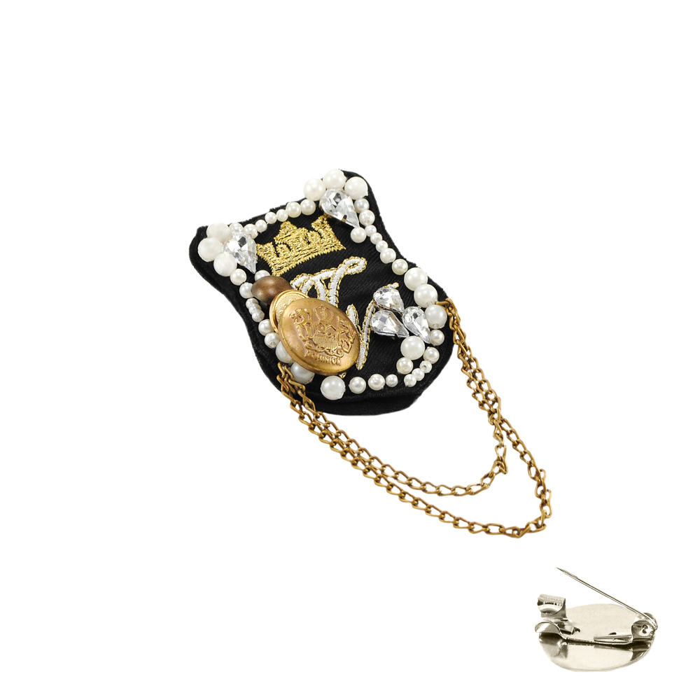 Брошь № 21а корона люрекс золото (черный войлок), пуговица, жемчуг, стразы, цепи, шт. Броши