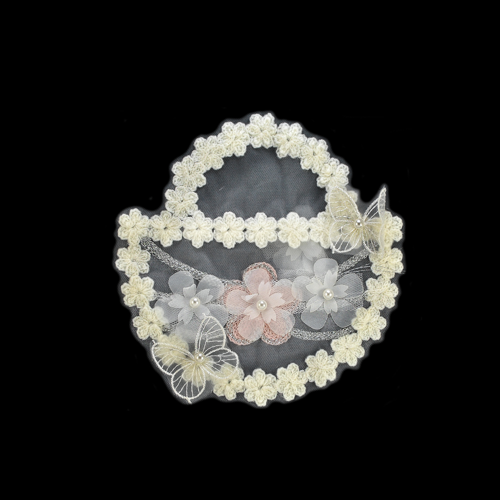 Аппликация кружевная пришивная Сумка с бабочками, 15,5*16см, белый, розовый, жемчуг, шт. Аппликации Пришивные Кружевные Вязаные