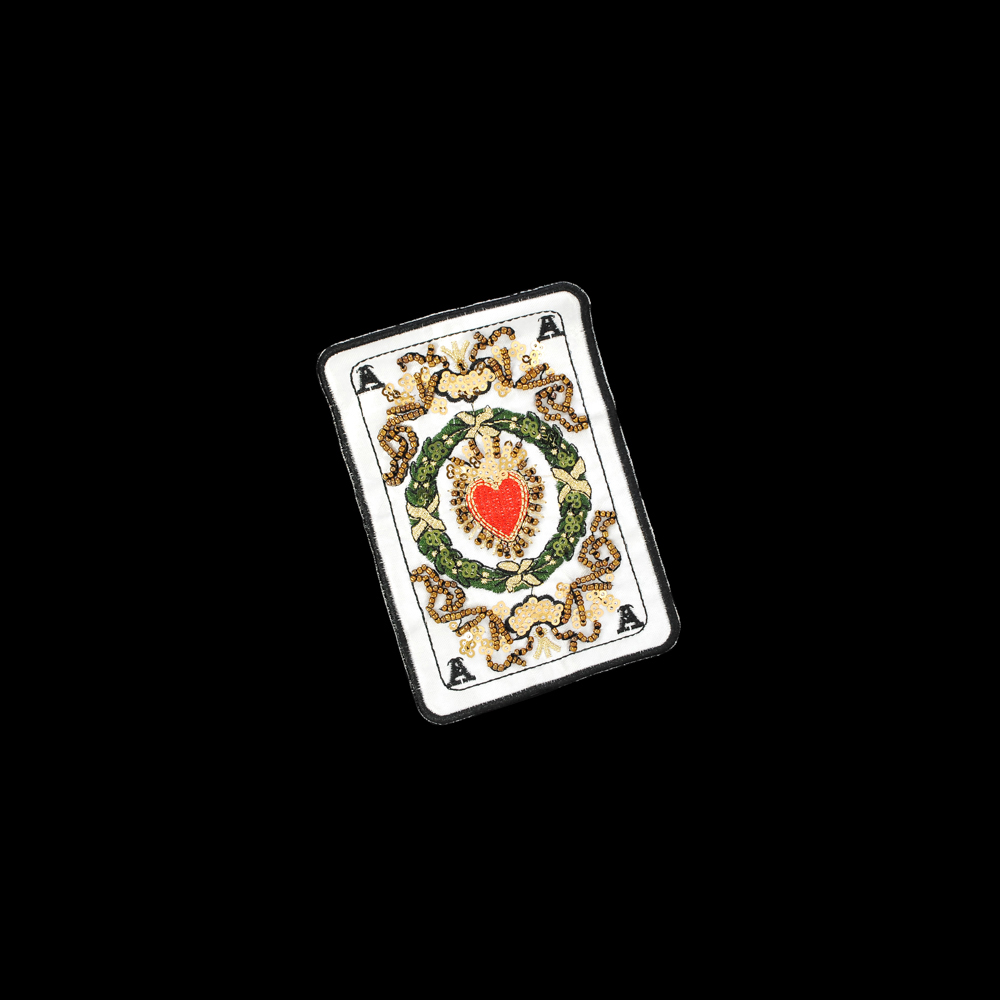 Аппликация пришивная пайетки Игральная Карта Туз Червы 9*13см черный, белый, красный, желтый, зеленый пайетки, бежевый бисер, шт. Аппликации Пришивные Пайетки